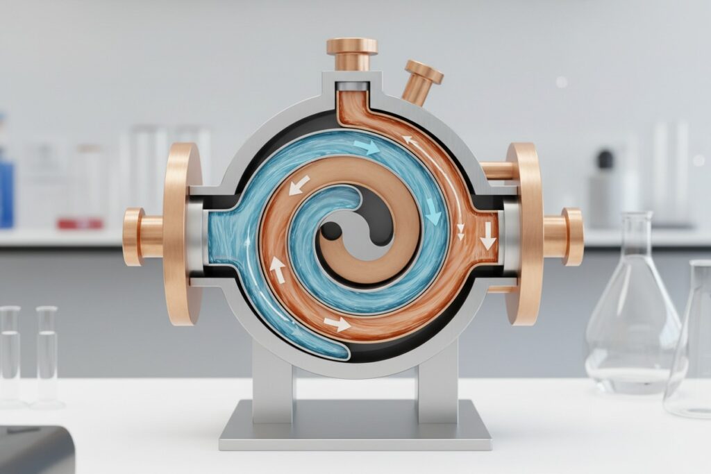 A cross-section diagram of a scroll pump shows interconnected blue and orange fluid channels with white directional arrows on a lab table.