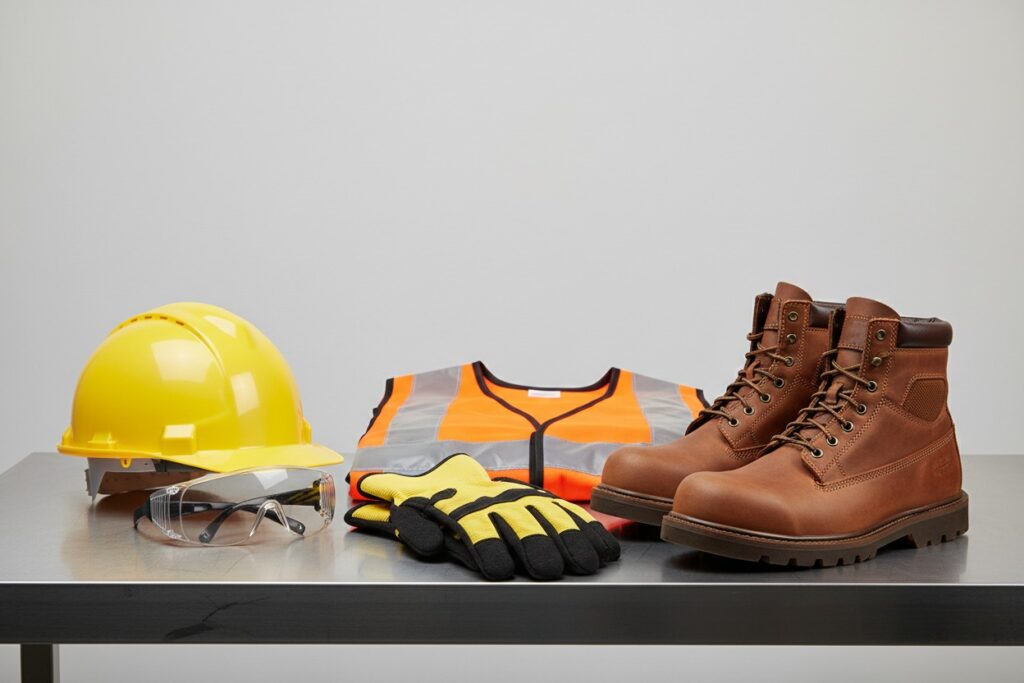 A yellow hard hat, safety glasses, yellow work gloves, an orange safety vest, and brown work boots are arranged on a metal table.